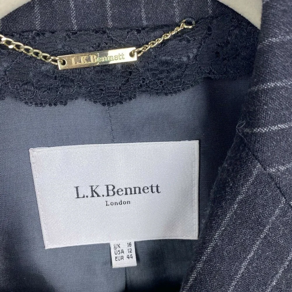 L.K. Bennett Womens Blazer Wool Gray Pinstripe One Button Size 12 Notched Collar - Picture 4 of 7